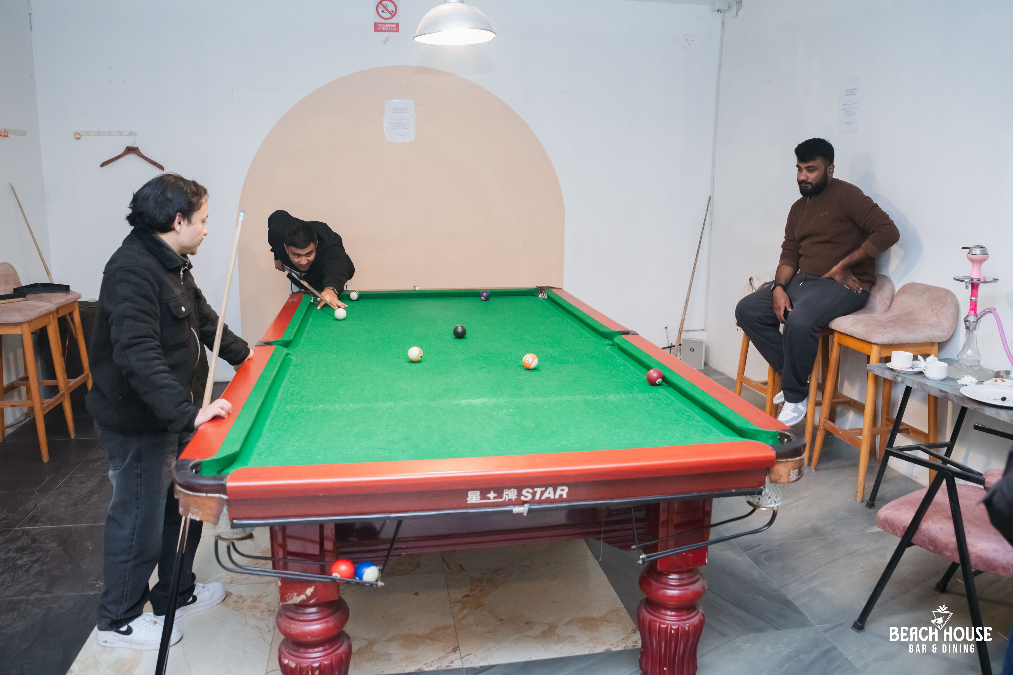 Evening ambiance with softly lit dining area